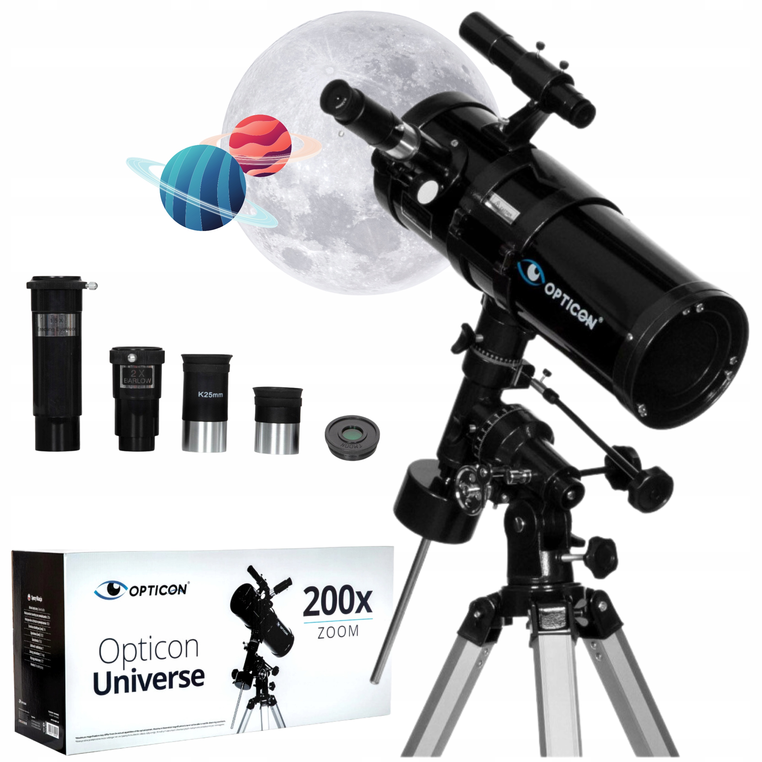 Teleskop Astronomiczny Luneta Opticon Universe 114F1000EQ akcesoria