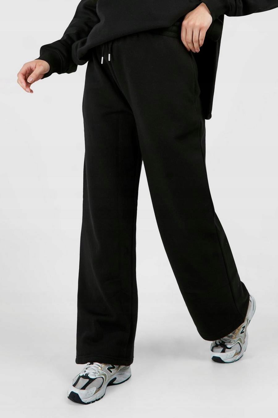 CIĄŻOWE CZARNE GŁADKIE DŁUGIE PROSTE SPODNIE DRESOWE KIESZENIE BOOHOO 38