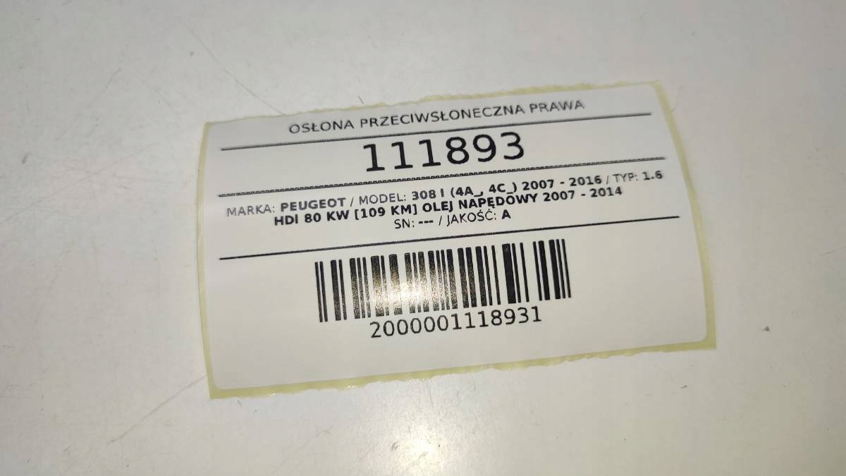 OSŁONA PRZECIWSŁONECZNA DASZEK PRAWY PEUGEOT 308 I T7 Typ samochodu Samochody osobowe