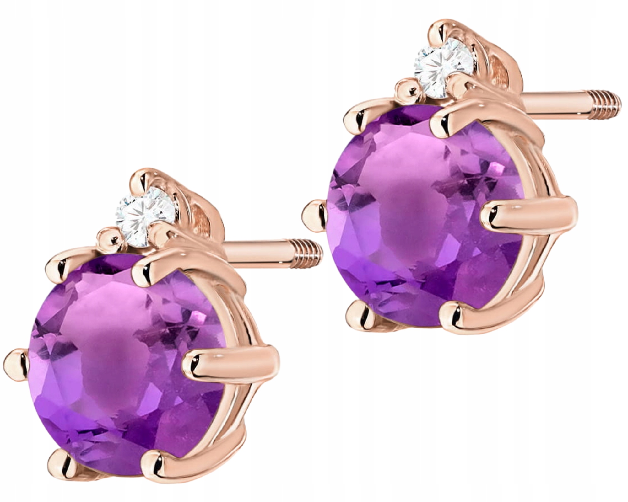 Růžové Zlato Náušnice S Ametystem A Brilianty, Šroubovací Tyčinka Zlato 585