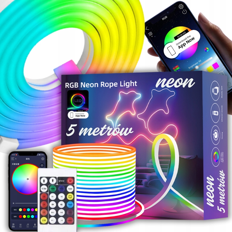 TAŚMA LED NEON NOEONOWA NA APLIKACJE PILOT TĘCZA ZESTAW GRUBA DŁUGA 5 METR