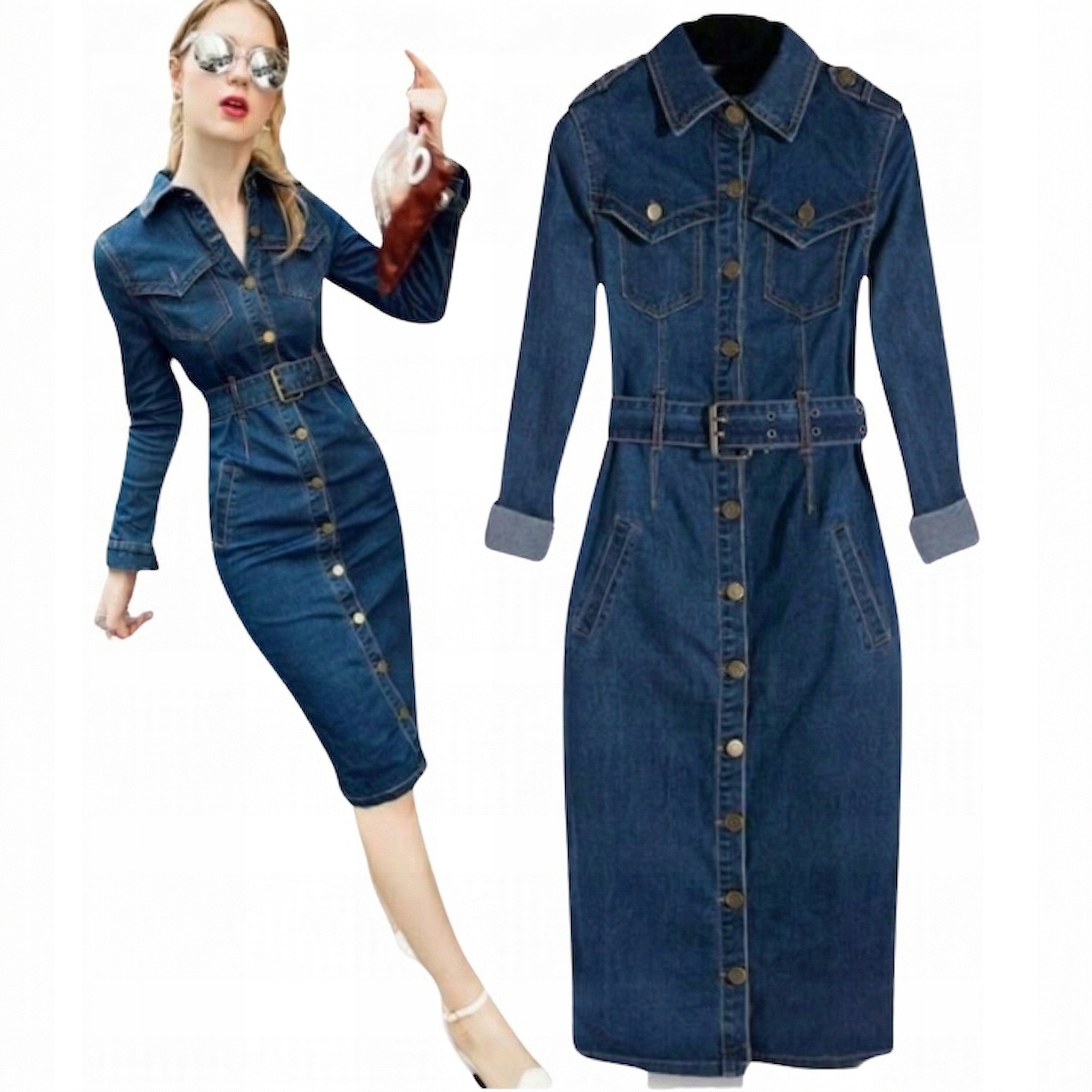 Jeansowa sukienka ołówkowa midi pasek kołnierz