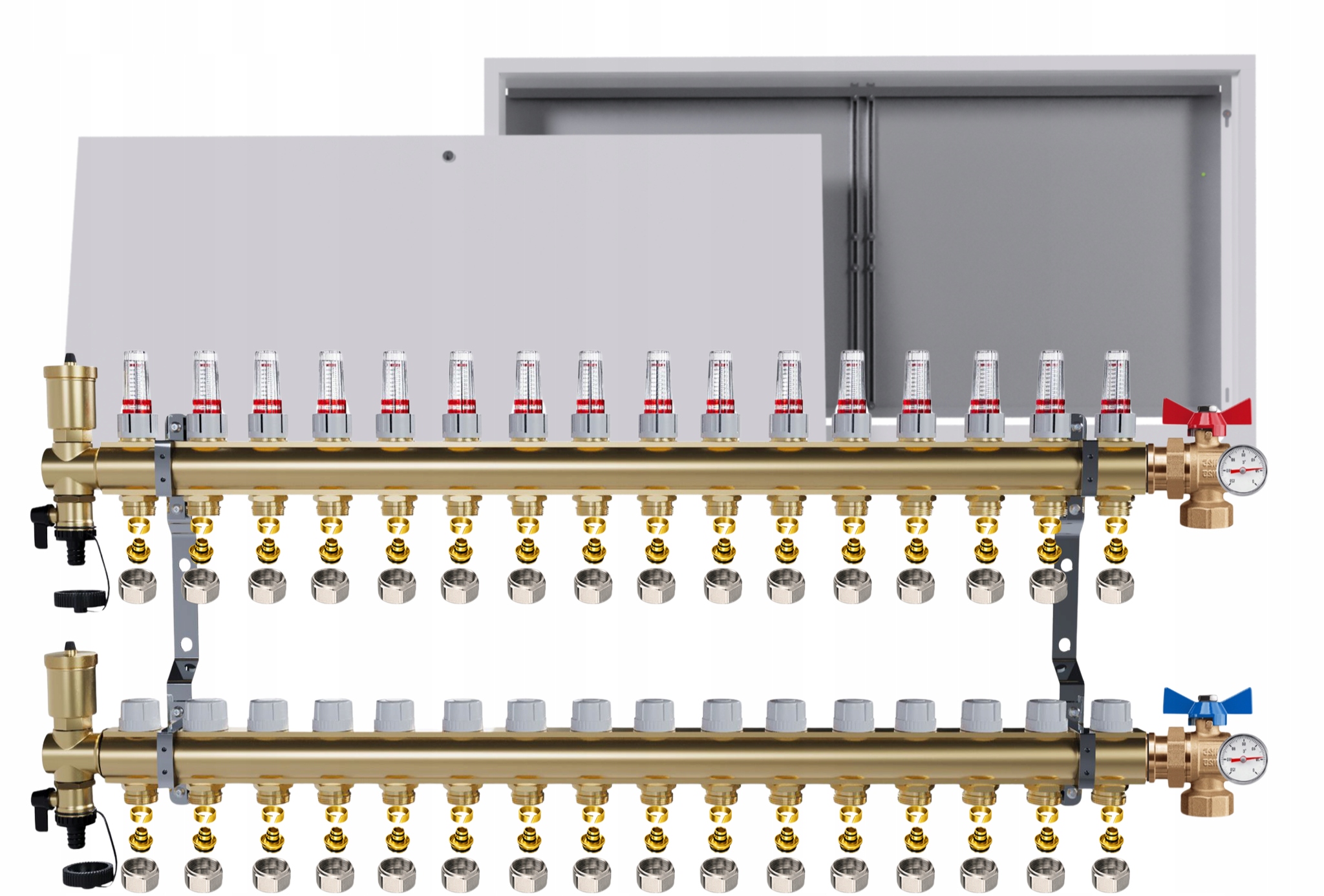 Rozdělovač Pro Podlahu 16 Okruhů Ventily Teploměr Krabička Pex