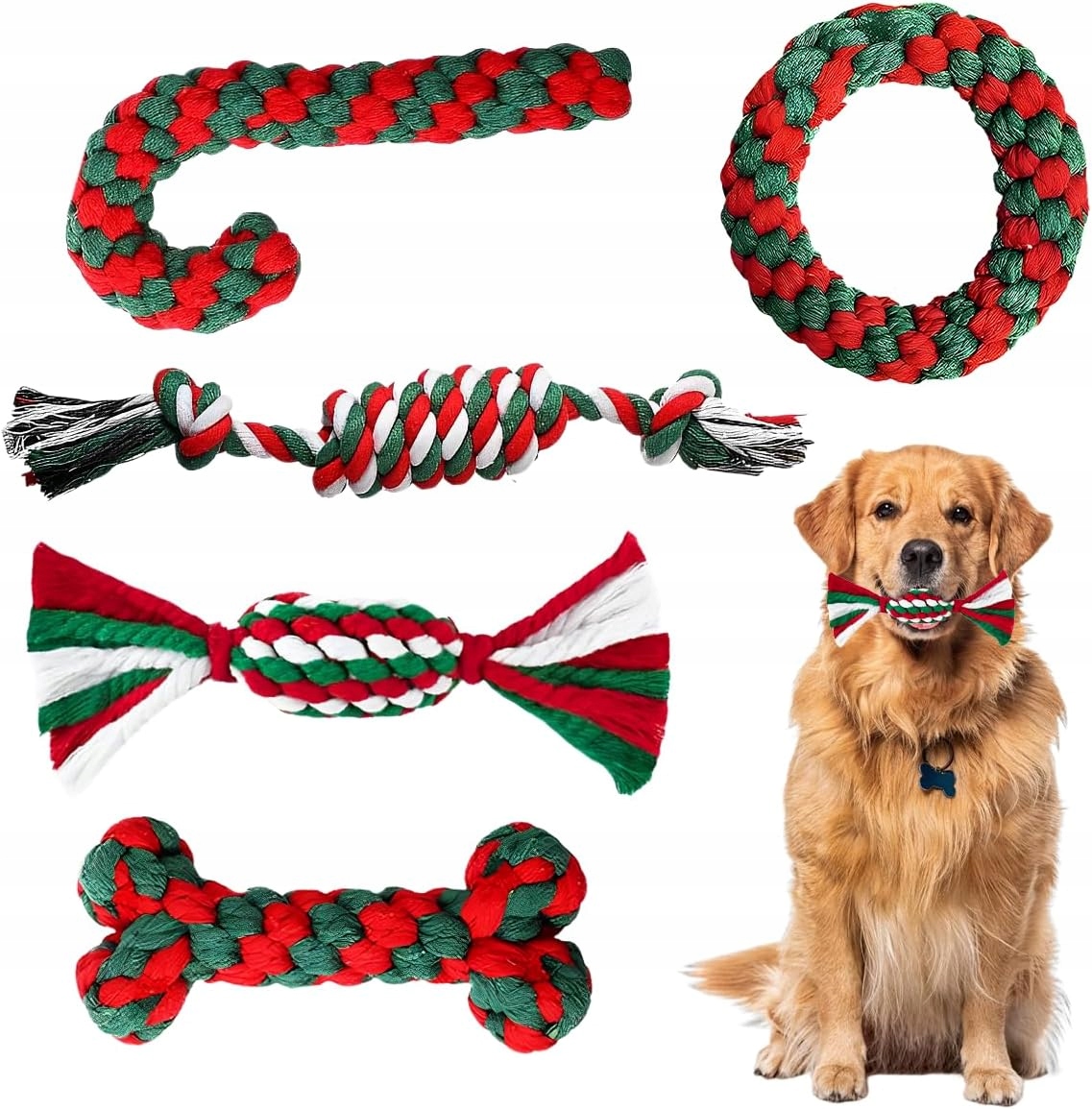 Levně Vánoční Hračky Pro Psa 5 Kusů Bavlněných Kousátek Cukrová Hůlka