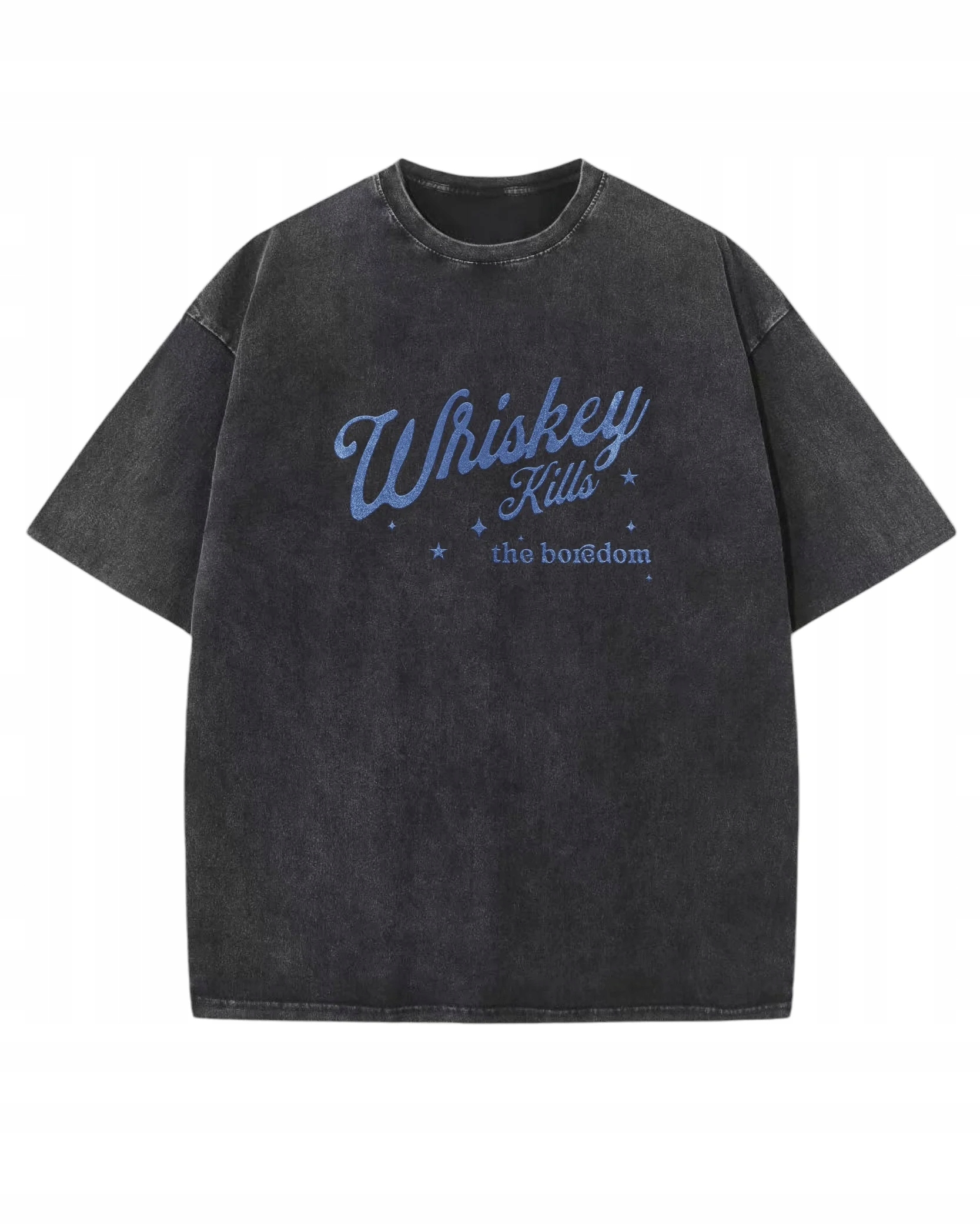 Tričko oversize s efektem praní Brokátový potisk Whiskey Černá S