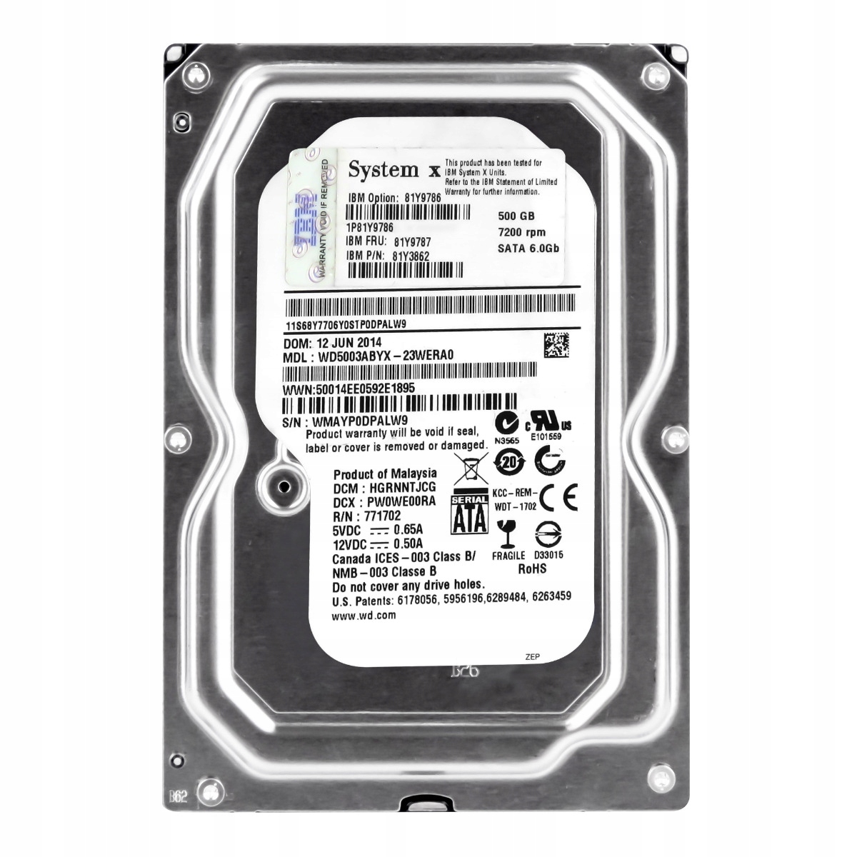 Ibm 81Y9787 81Y6862 500GB 7.2K 64MB Sata II 3.5'' WD5003ABYX-23WERA0
