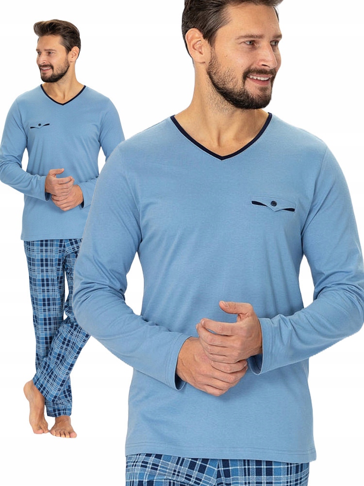 Hotberg Leon – elegantní modré dlouhé pánské pyžamo s výstřihem do V M