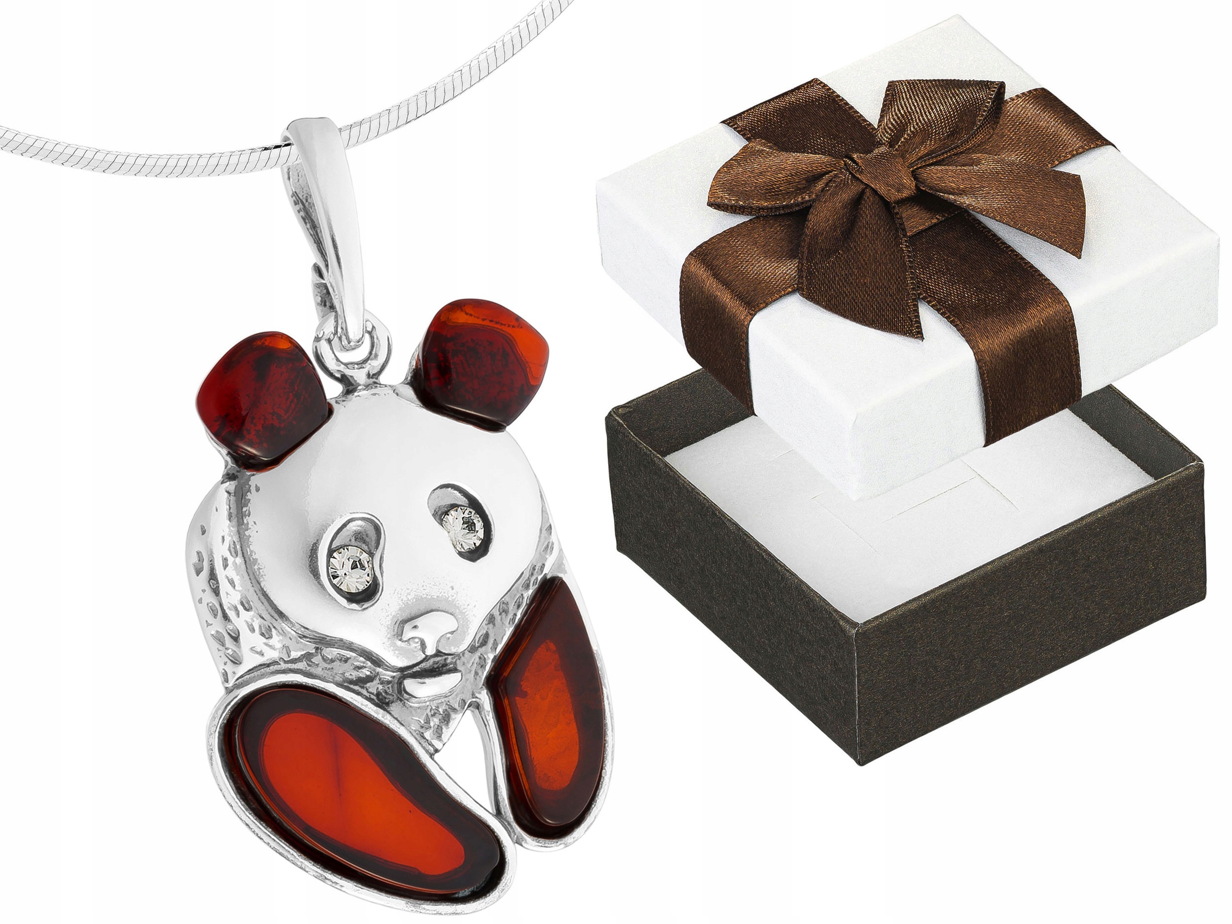 Velký stříbrný náhrdelník s medvídkem Panda Zirkony Jantar Stříbro Dlouhý 55 cm