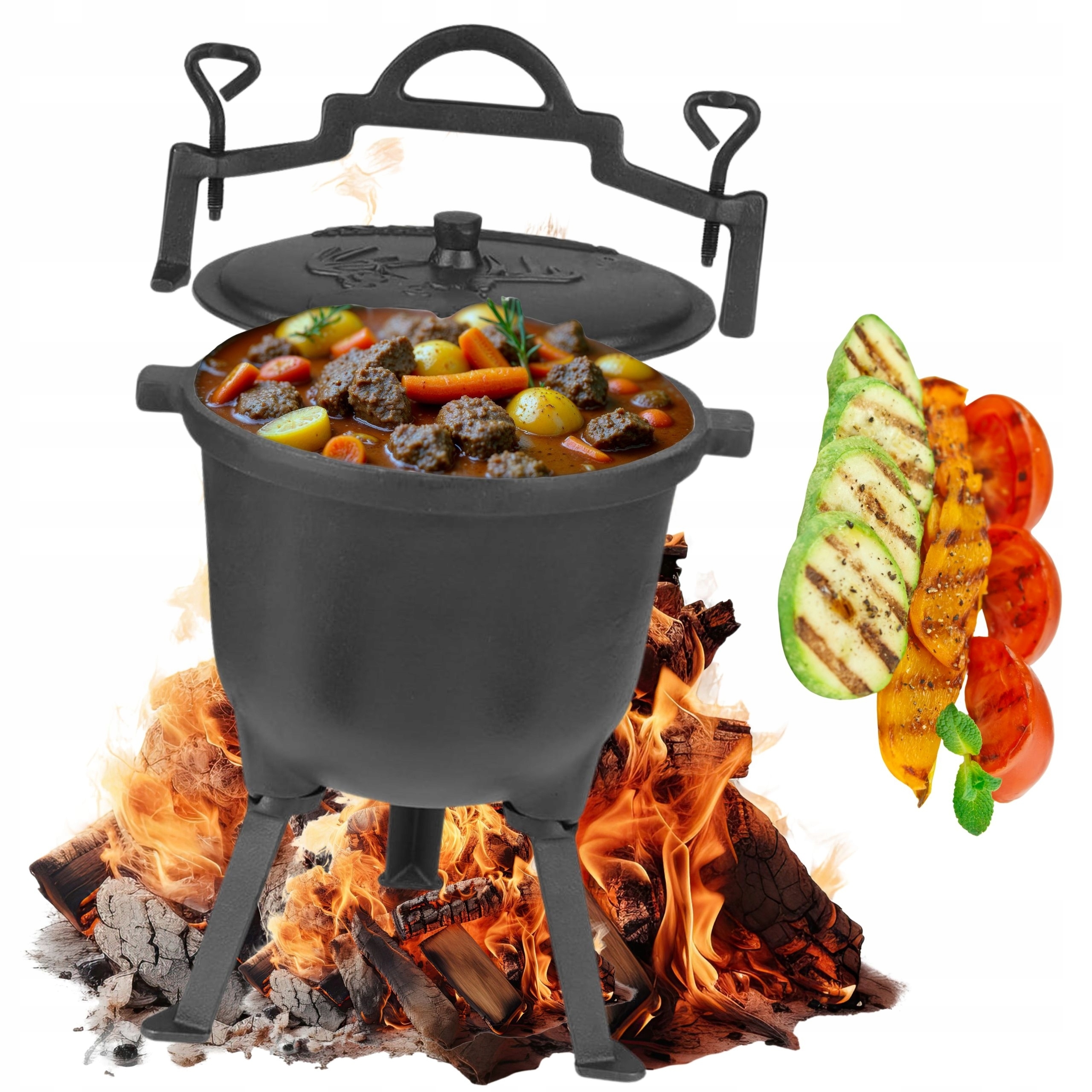 Litinový Kotlík lovecký smaltovaný stojící Hrnec na oheň gril 8L