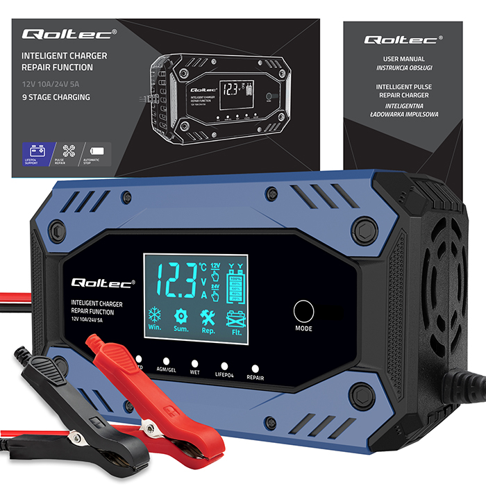 Prostownik ładowarka do akumulatora z funkcją naprawy 12-24V 10A LCD Mocna