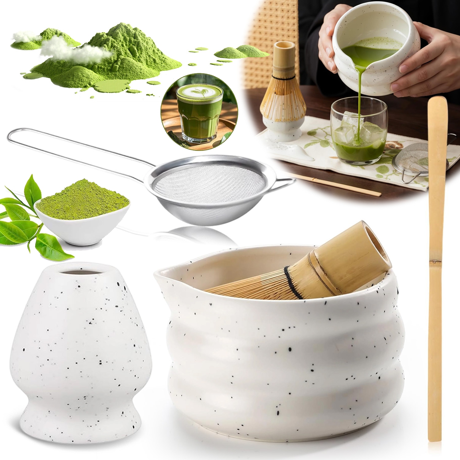 Dárková Sada Na Čaj Matcha 5-DÍLNÁ Sada Podstavec Lžička