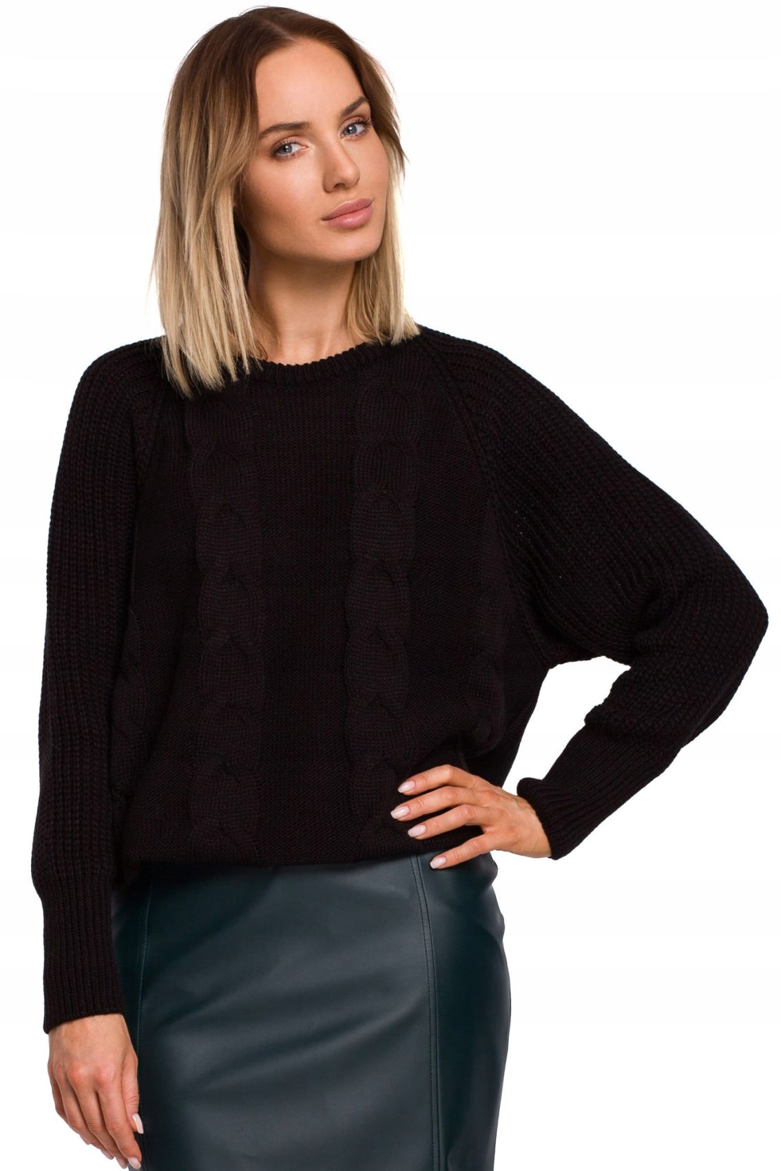 

M554 Sweter ze splotem warkoczowym - czarny S/m