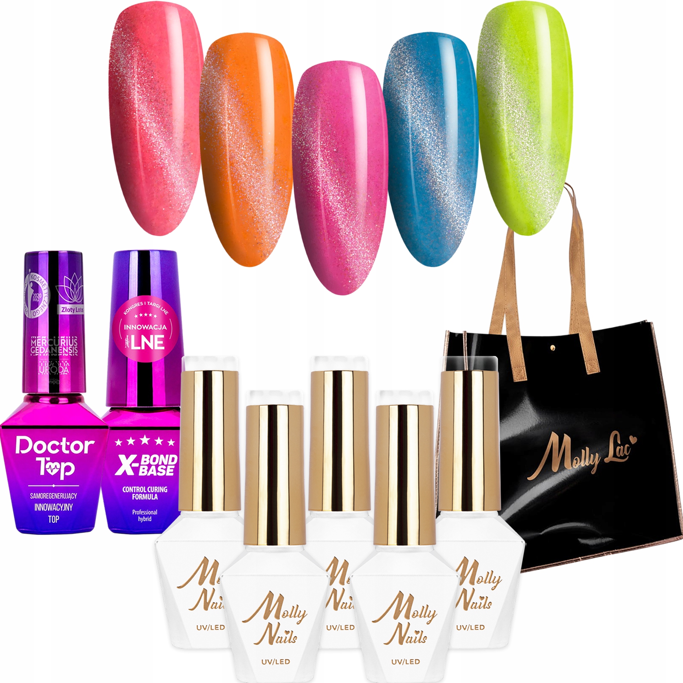 5 x Hybridní lak Mollynails 8 g Skittle Nails Topová báze a taška přes rameno