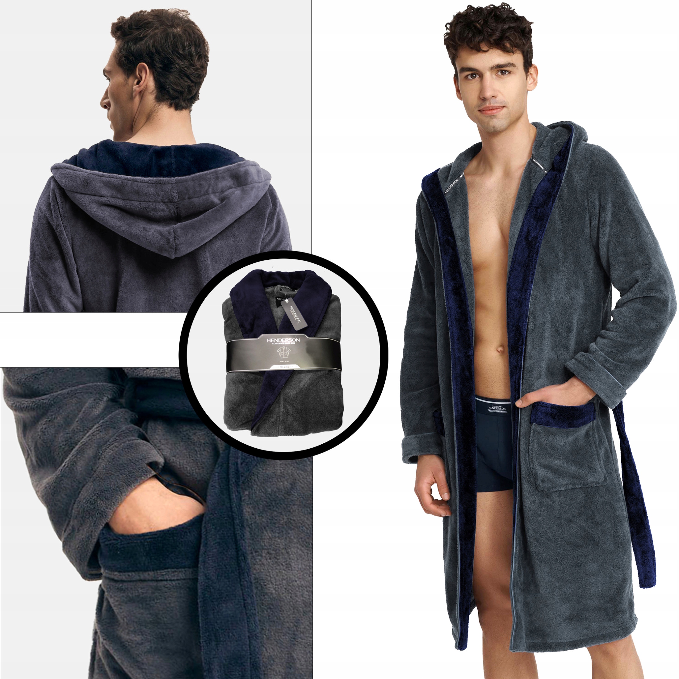 Henderson pánský župan s kapuce, na zavazování, s kapsami jz25 Premium grafitová XL