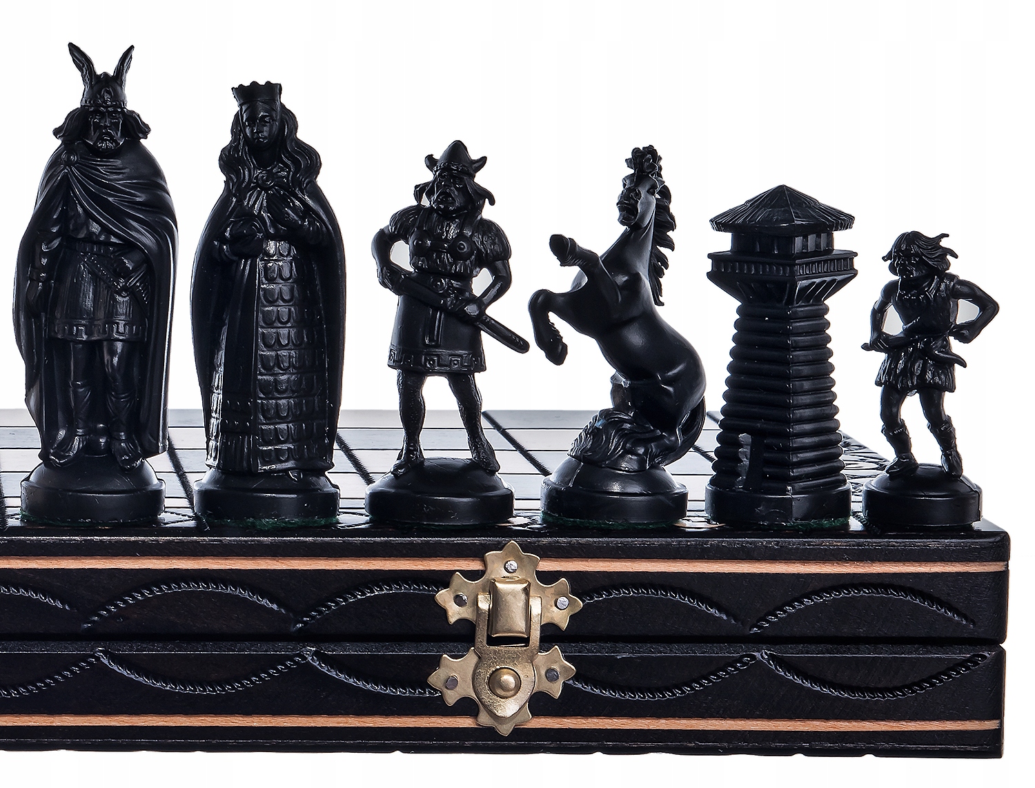 SZACHY WIKINGI DREWNIANE CZARNO- BIAŁE DUŻE 42 cm Wersja językowa gry niezależna językowo