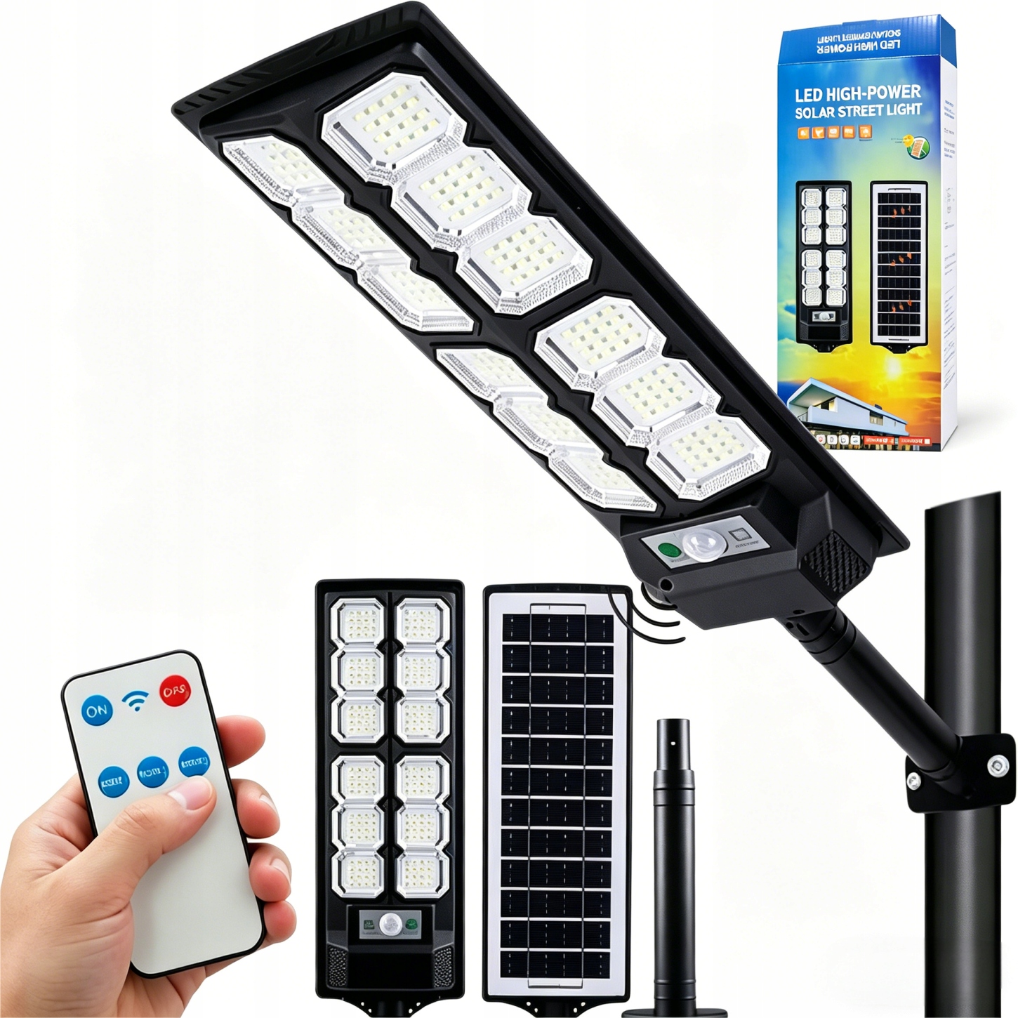 Solární Lampa Pouliční Led Venkovní Senzor Soumraku Držák Dálkové Ovládání 1000 W