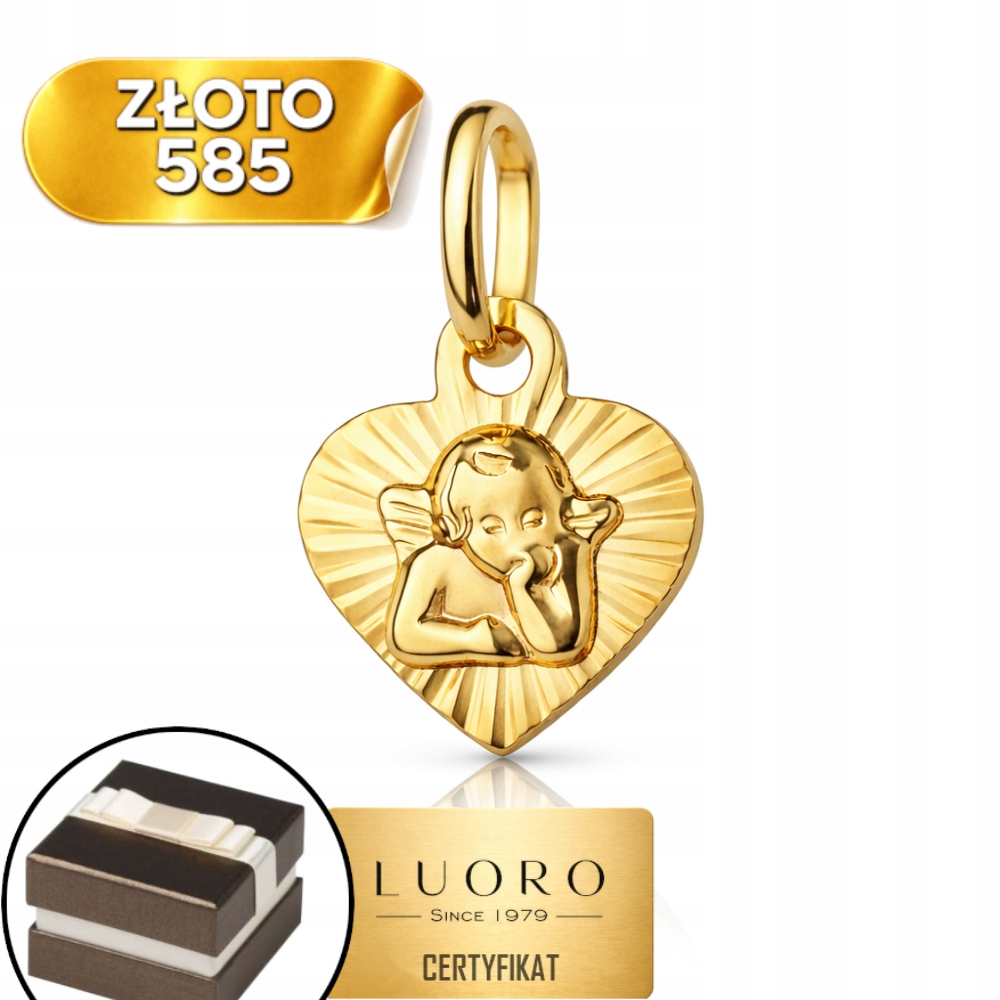 Zlatý Medailonek 585 14K Andílek Diamantové Srdce 1,2 CM Elegantní
