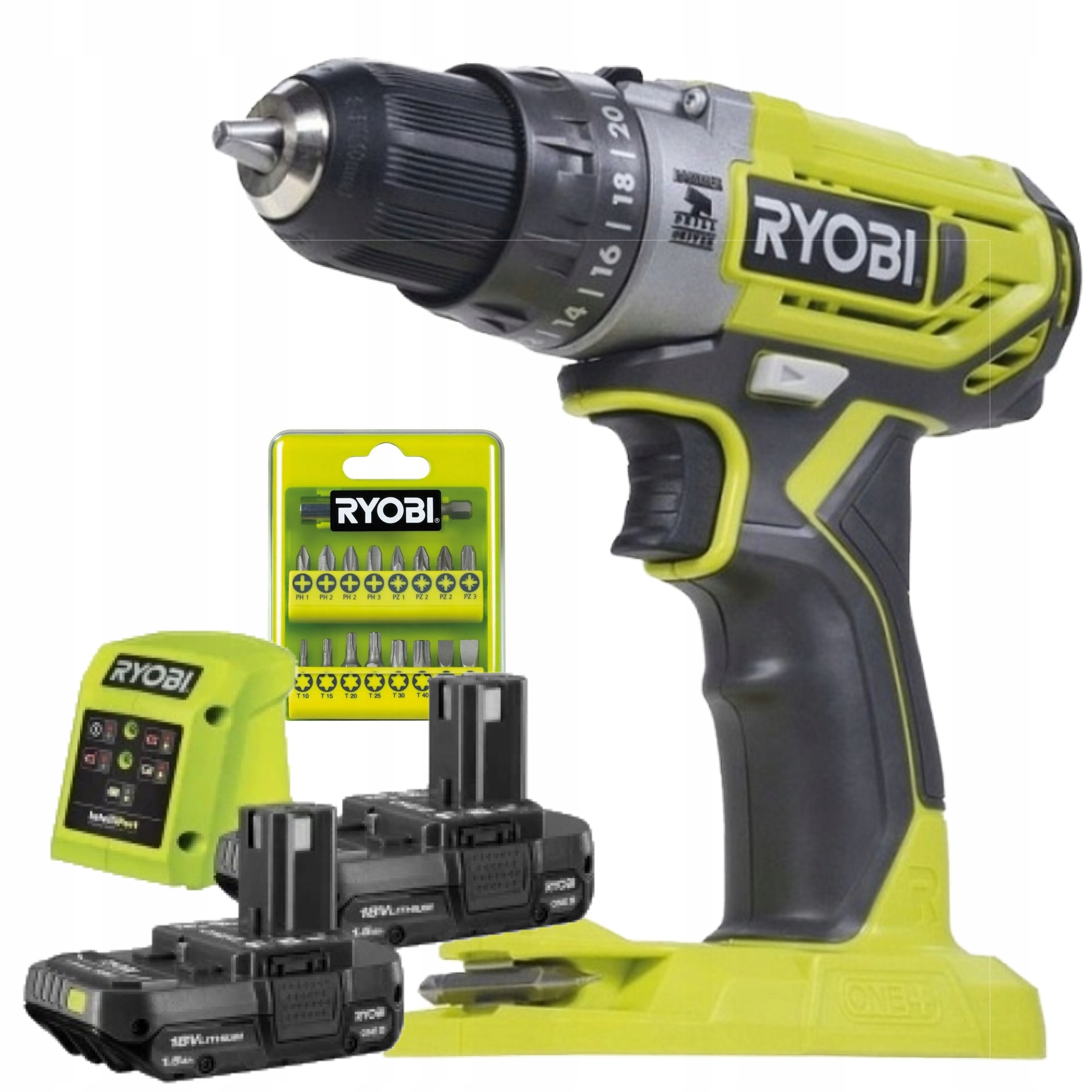 Ryobi Wiertarko-Wkrętarka Udarowa 18v 2x1.5ah Ładowarka+Zestaw bitów 17 szt