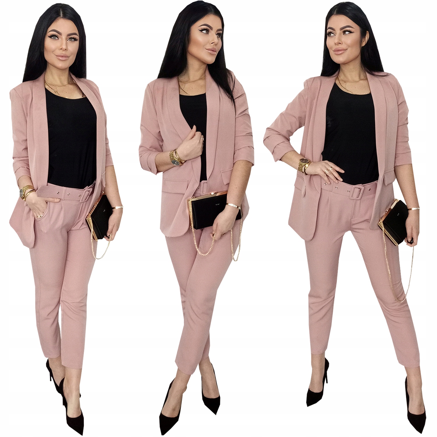 Garnitur Damski Komplet Marynarka Spodnie Kolor Pudrowy Róż