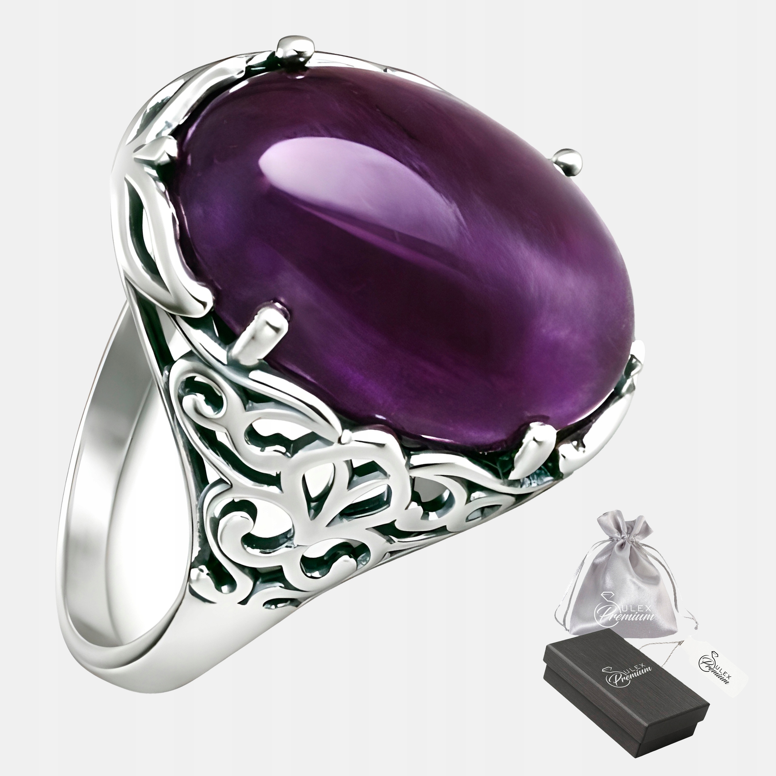 Stříbrný ryzost 925 Ažurový Prstýnek Přírodní ametyst Elegantní vel. 15