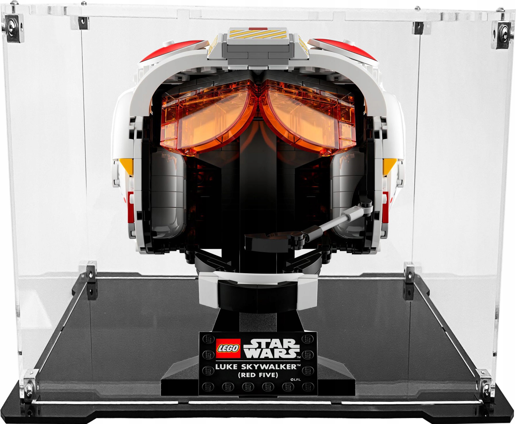 Vitrína s černou základnou pro stavebnici Lego 75327 Helma Luka Skywalkera