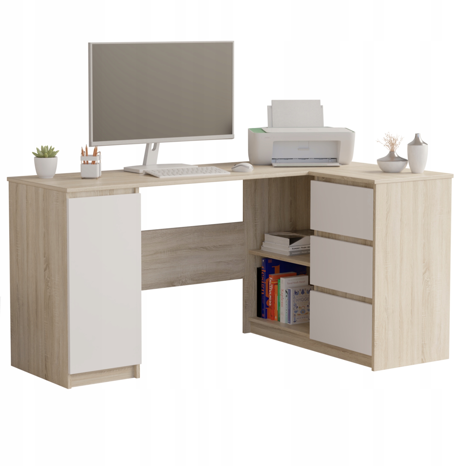 Biurko narożne komputer 3sz 150cm sonoma biały N12