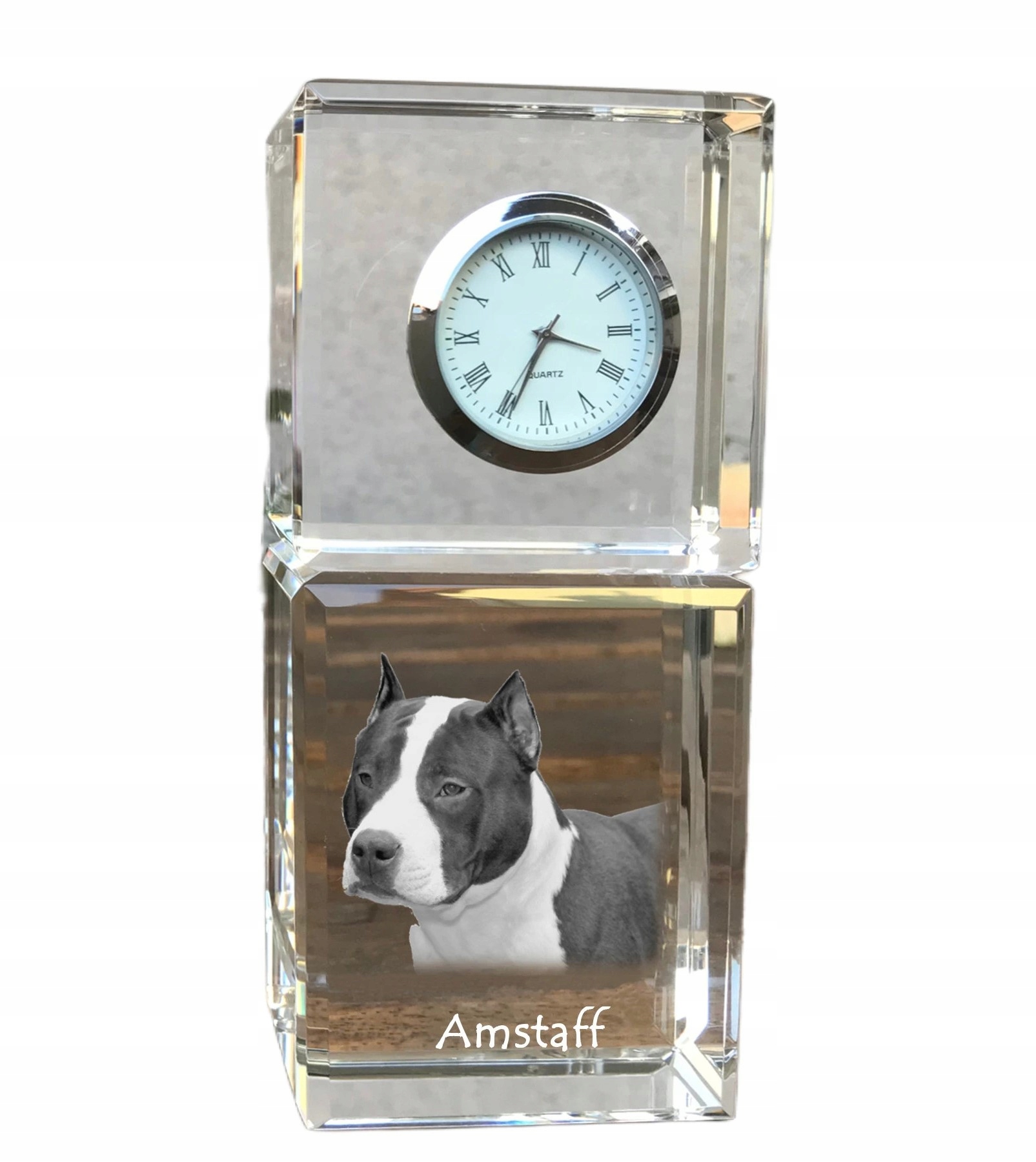 Staford Amstaff krištáľové stolové hodiny so psom, s vašou fotografiou
