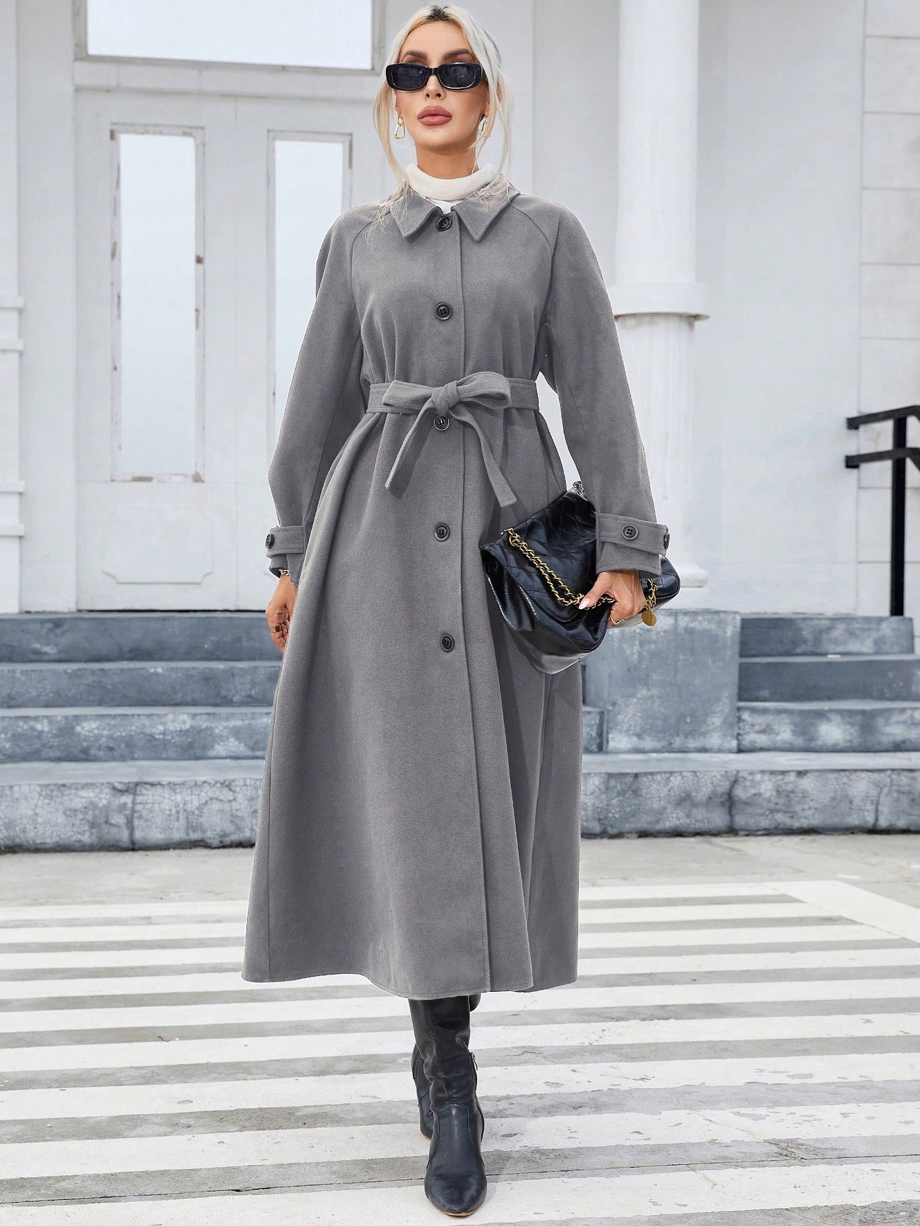 Dámský Elegantní Kabát S Límečkem, Dlouhý, Jednořadý, Šedý Shein M