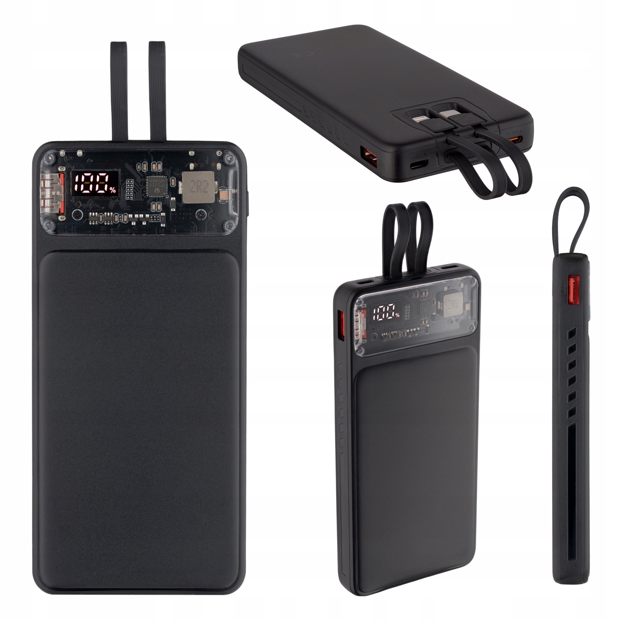 Powerbanka Qualo 10000 mAh, integrované kabely Usb-c Lightning, LCD displej