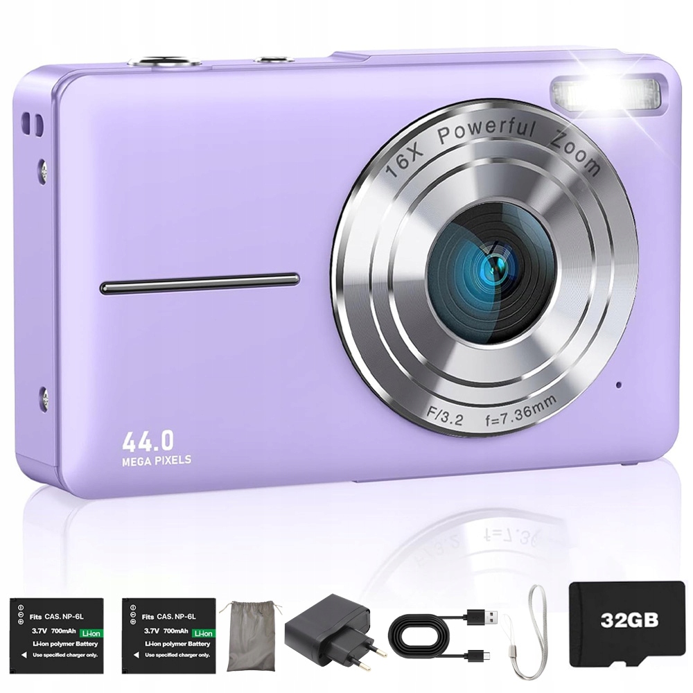 Digitální Fotoaparát Hd 1080P 44 Mp S 32 Gb, Sada Fialová