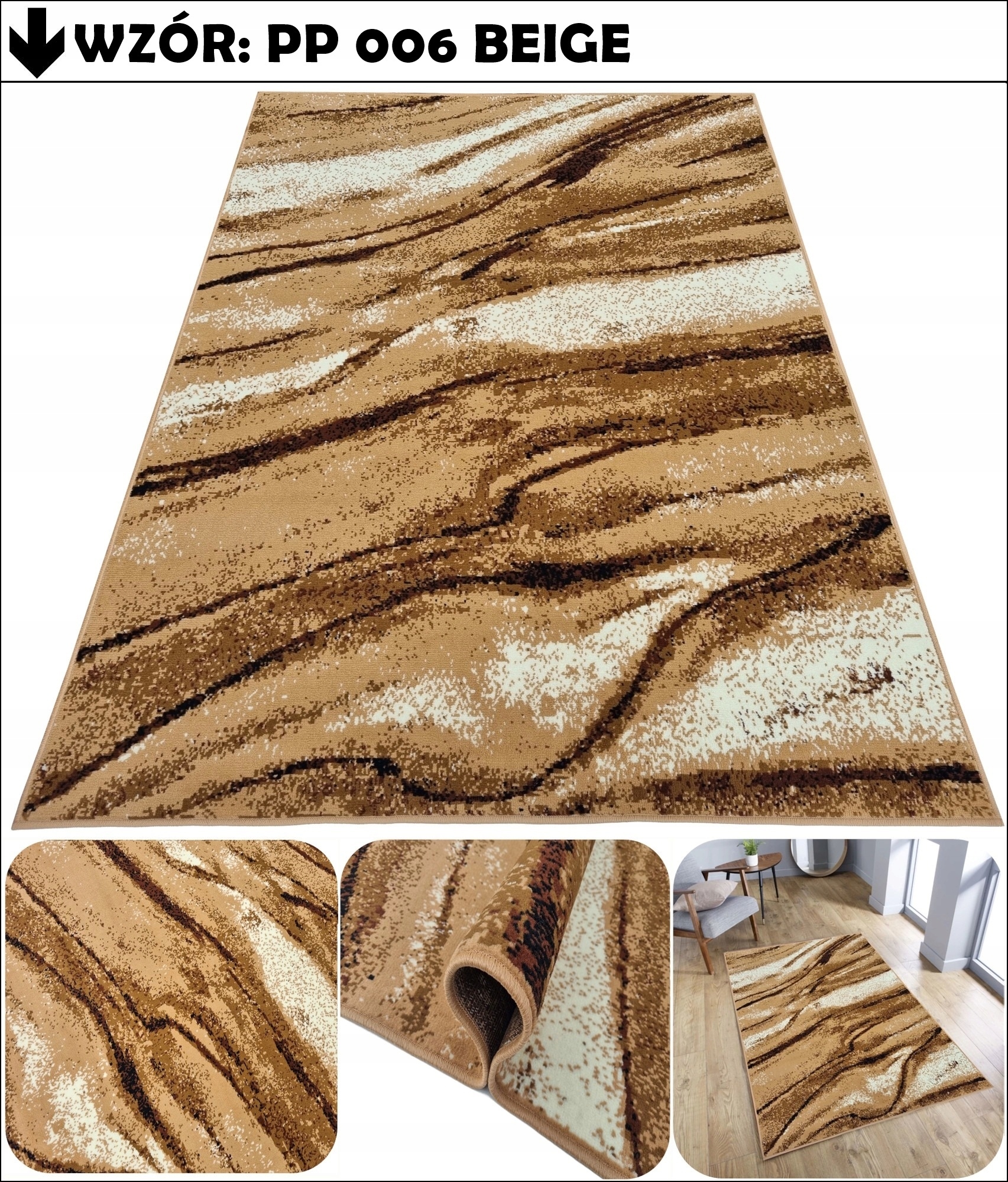 DYWAN PLUSZOWY 160X220 OBSZYTY DO POKOJU MIĘKKI BEŻOWY MIX MODNYCH WZORÓW Grubość 10 mm