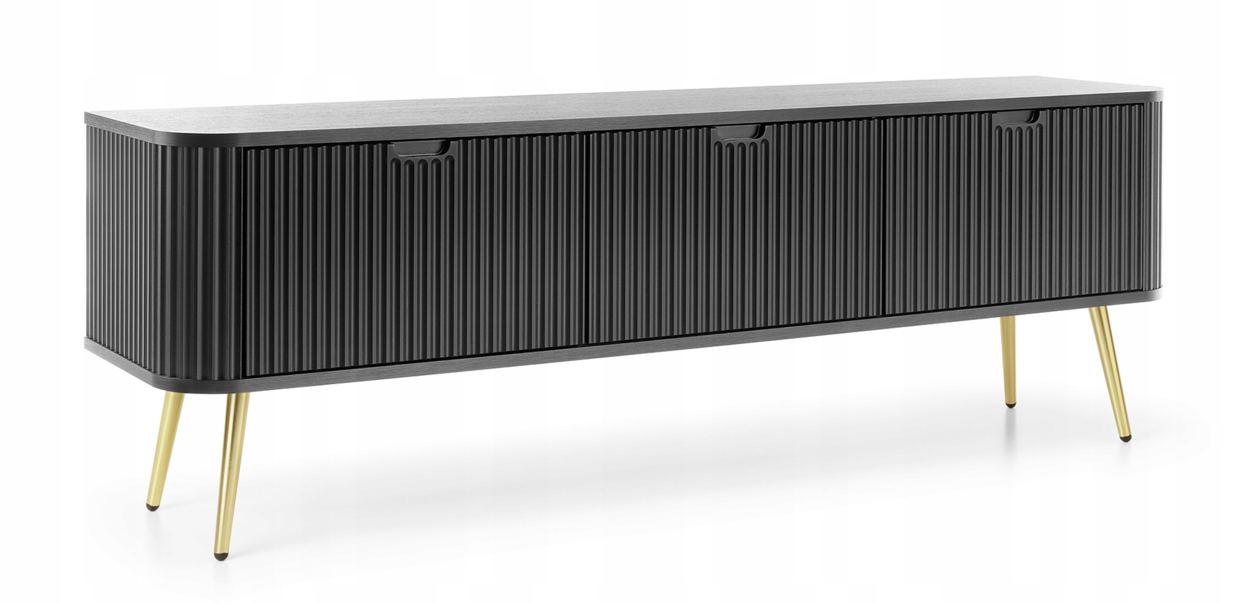 Rtv skříňka Zova třídveřová s lamelami 168 cm Černé zlaté nohy