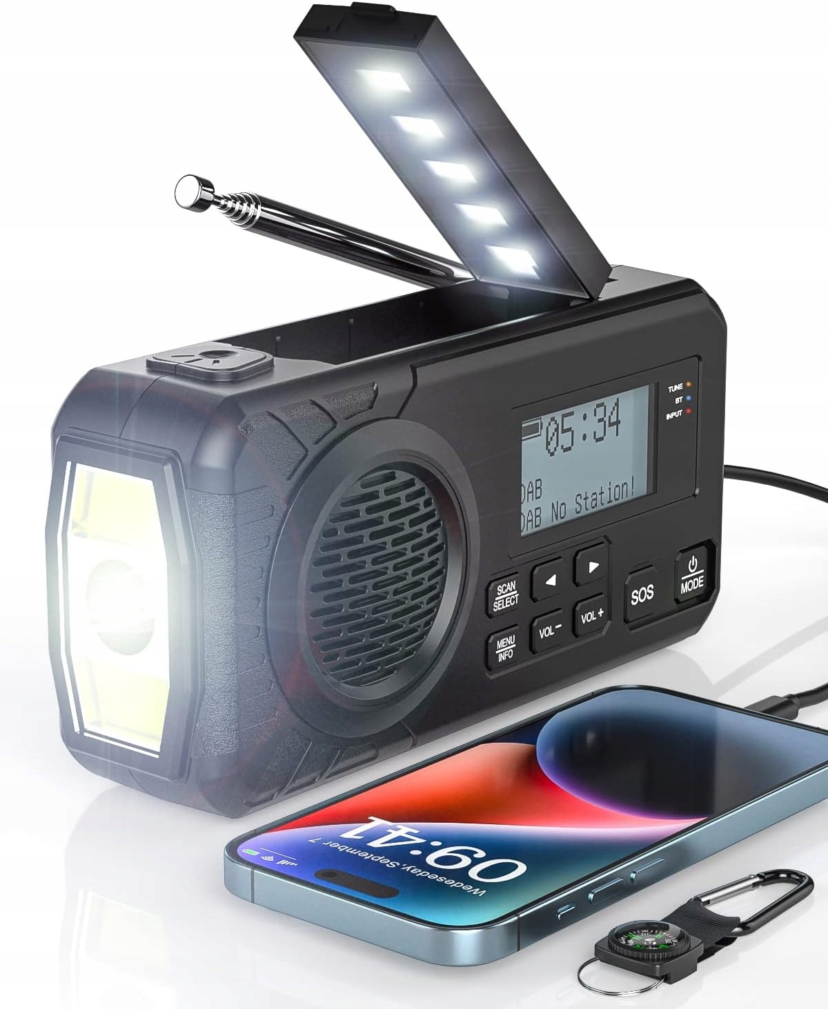 Solární rádio Korbka Dab+ Am Fm Kompas Akumulátorová svítilna