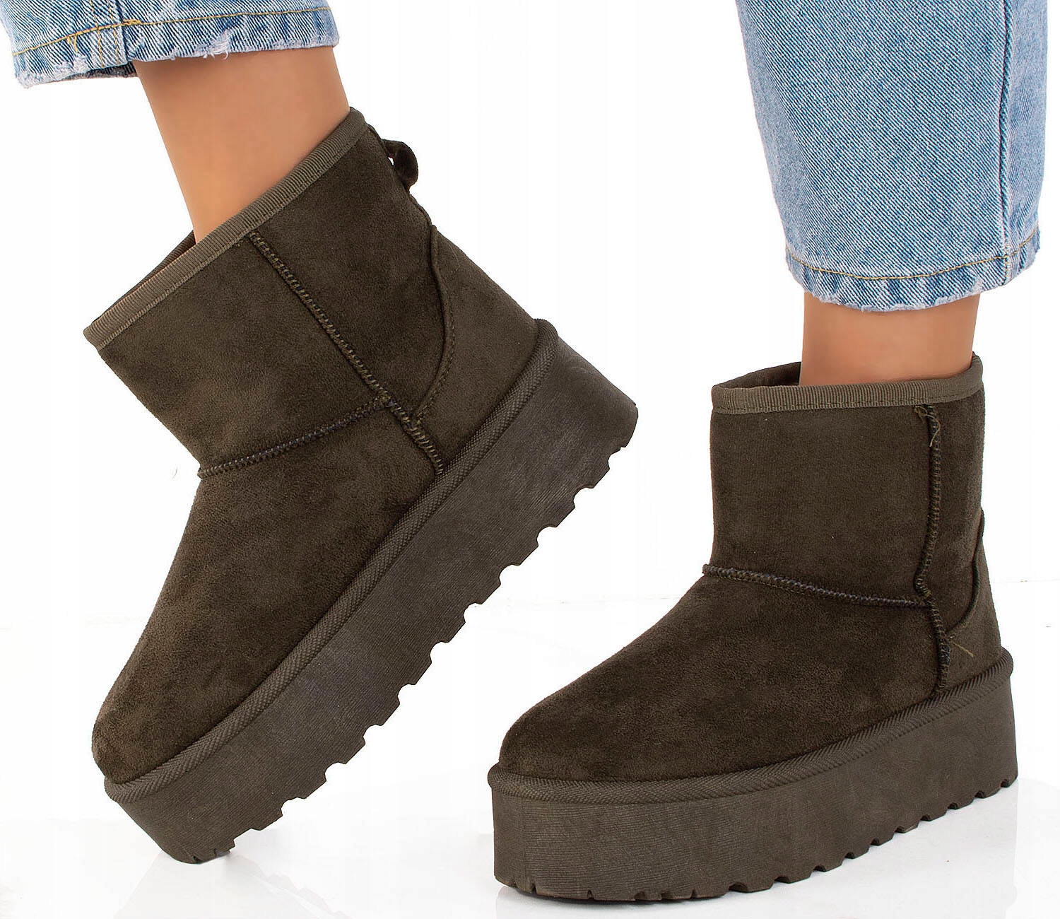 ŚNIEGOWCE ZIELONE OCIEPLANE KHAKI BOTKI NA PLATFORMIE 41 Rozmiar 41