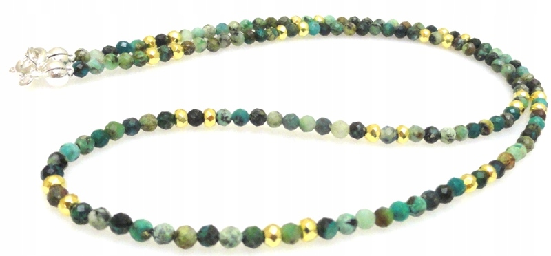 Tyrkysový fazetovaný náhrdelník s kuličkami 3 mm a zlatým hematitem stříbro 925