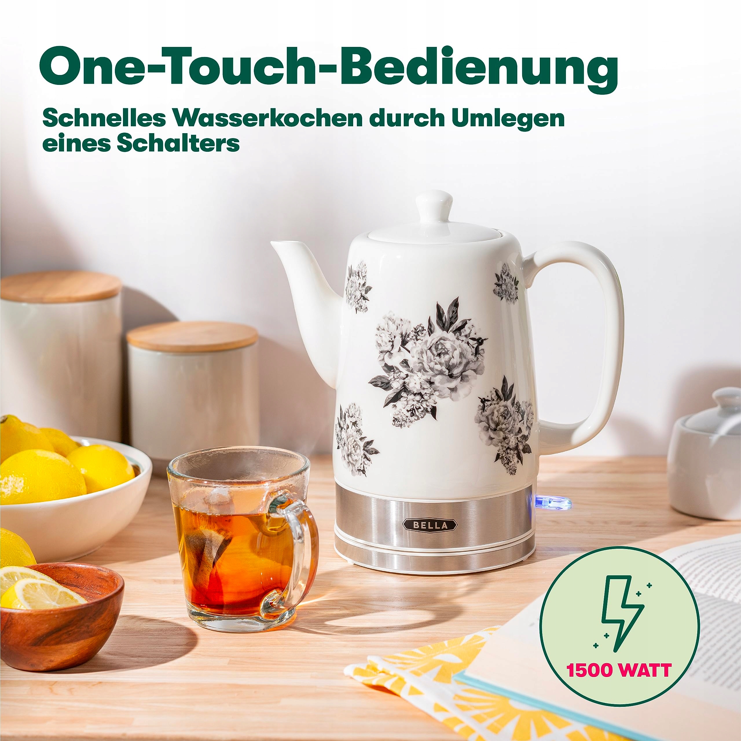 BELLA Czajnik Ceramiczny 1.5L Czarny Wzór Kwiatowy Ochrona Przegrzaniem — miniatura 5