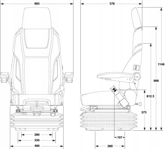 Fotel KAB 65/K4 Tkanina 24V Marka maszyny Atlas Bobcat Bomag Case Caterpillar / Cat Doosan Fadroma Hitachi Hyundai JCB John Deere Komatsu Kubota Liebherr New Holland O&K Terex Volvo Wacker Yanmar Zeppelin Inna