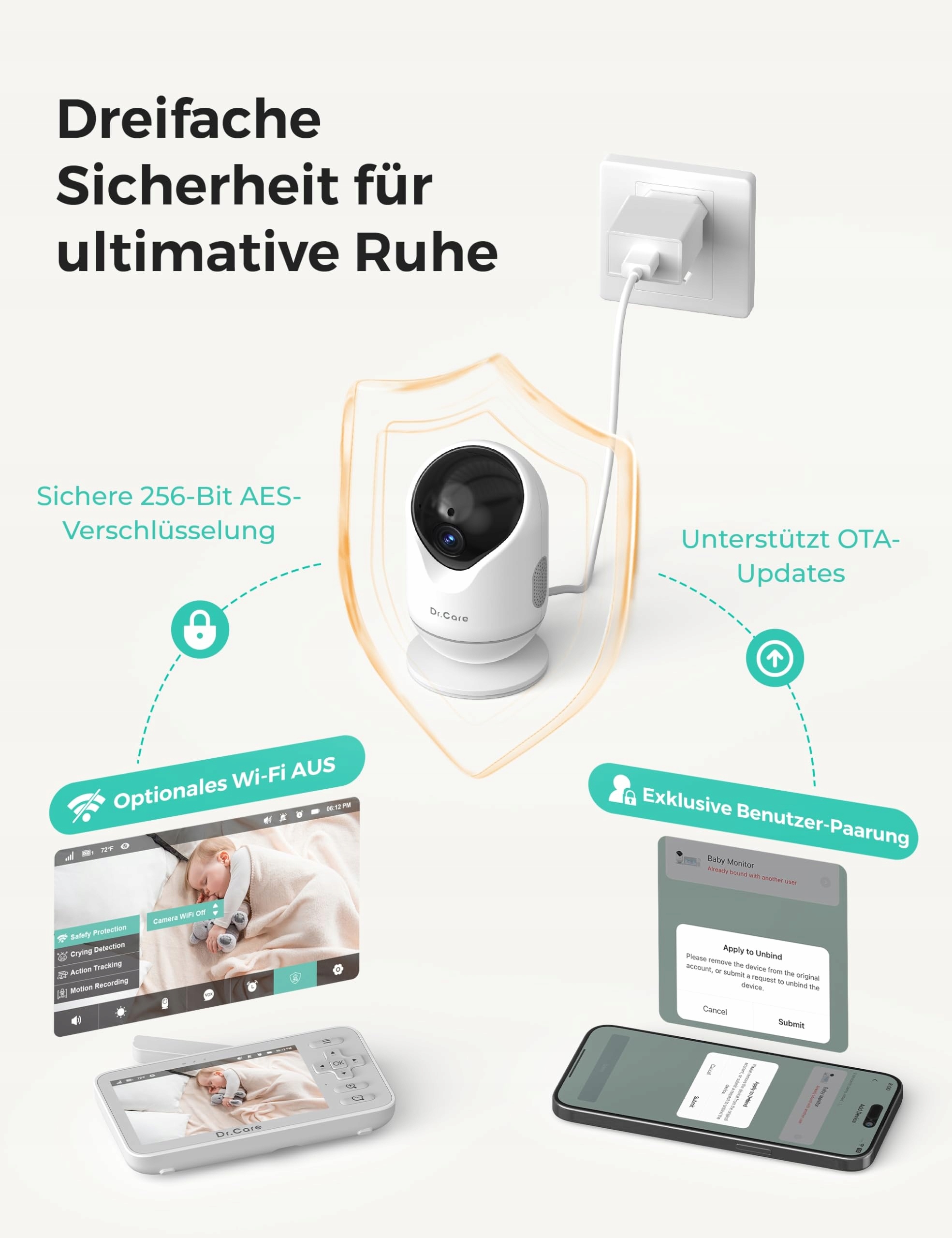 Dr.Care VistaView Lite inteligentna niania z Wi-Fi 4" 720P Split Screen — miniatura 4