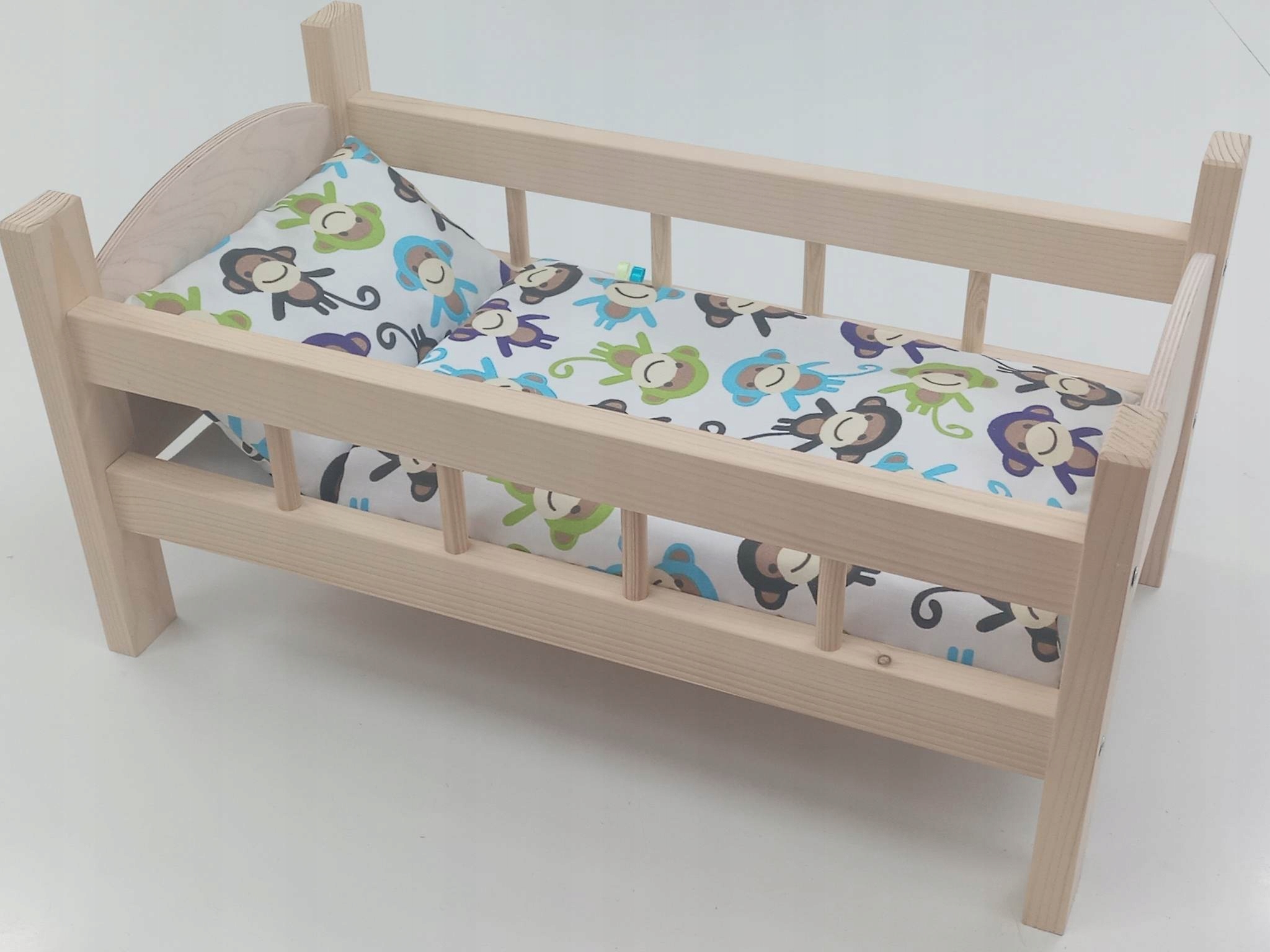 ŁÓŻECZKO DREWNIANE DUŻE dla lalek POŚCIEL 3 elementy