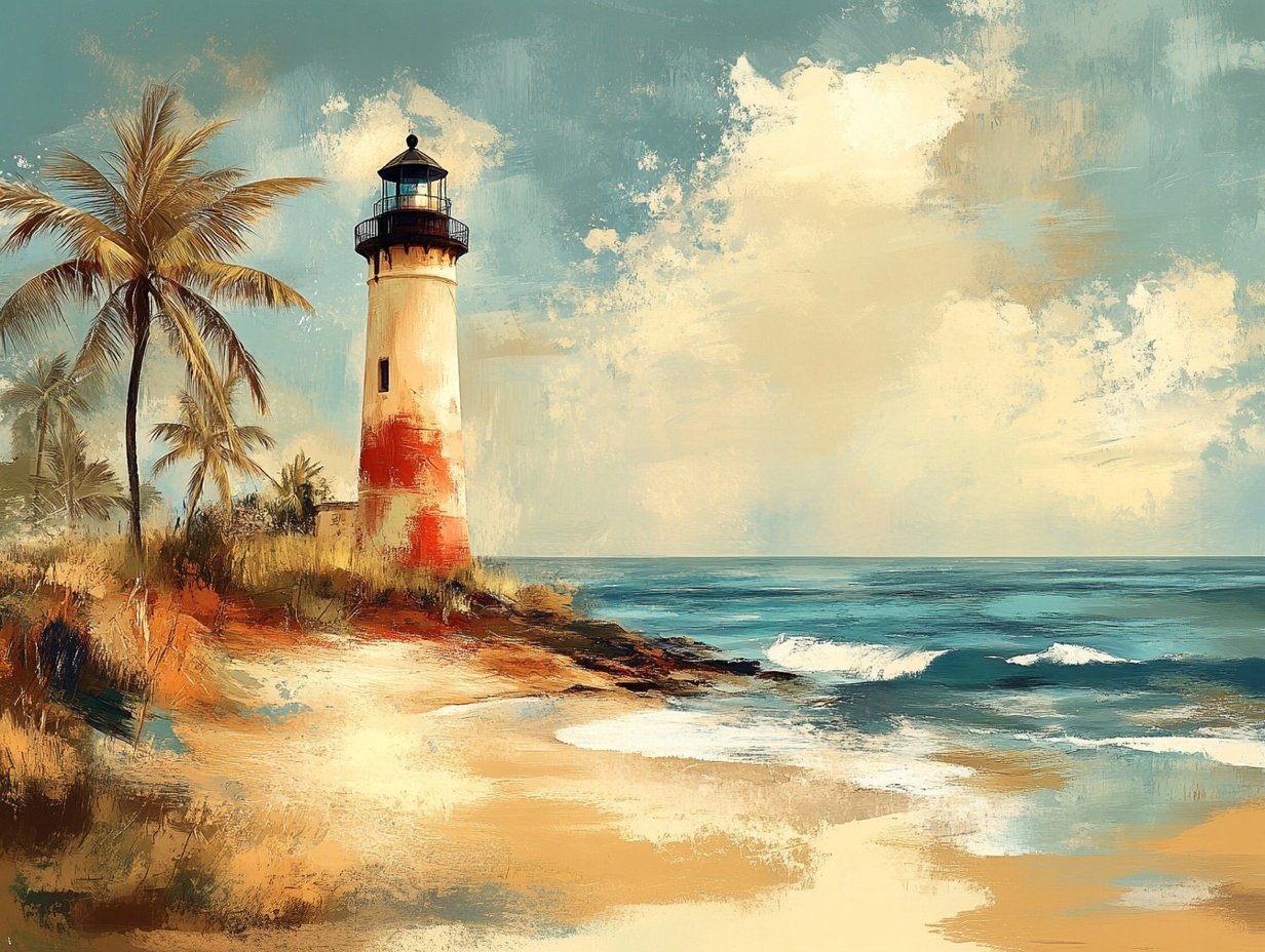 Obraz Na Plátně Canvas Maják Pláž Moře Vlny Palma Retro 100x75