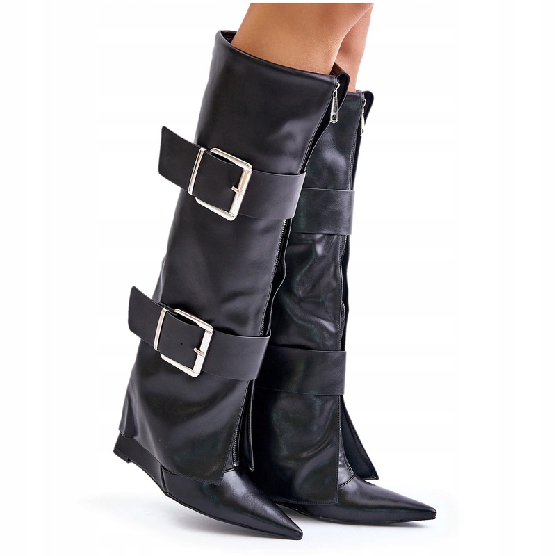 Kozačky Ke Kolenům Eko Kůže Koturn Spony Vyhrnutý Svršek Černé 39