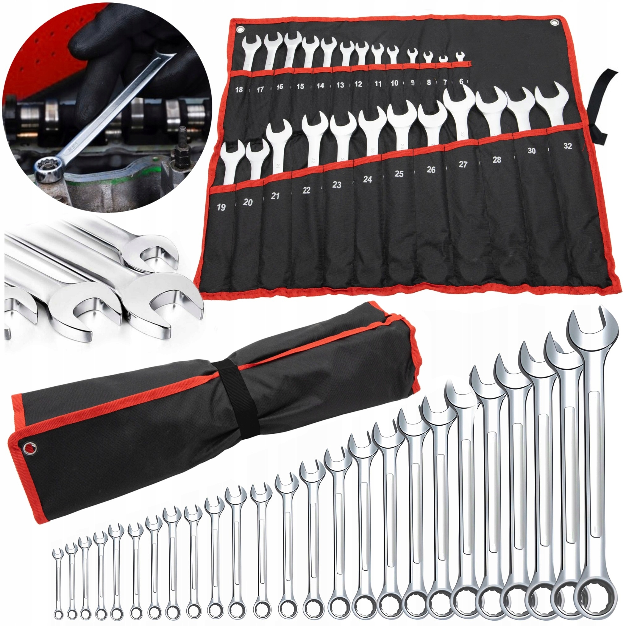 Zestaw Kucz Klucze PŁASKIE OCZKOWE 6-32mm Komplet Kluczy Płaskich Pokrowiec