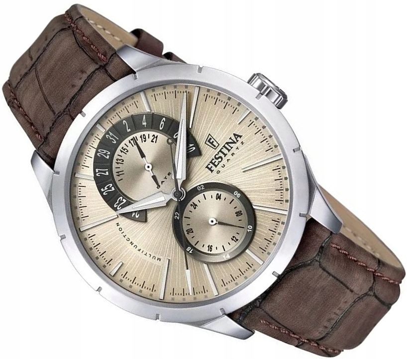 Elegantní Pánské Hodinky Festina F16573/9 Retro Béžové S Datem Na Pásku 45 mm