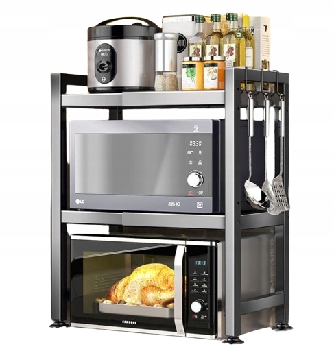 Półka Regulowana Podwójna Stojak Do Kuchni Nad Mikrofalówkę + Haczyki PŁ8