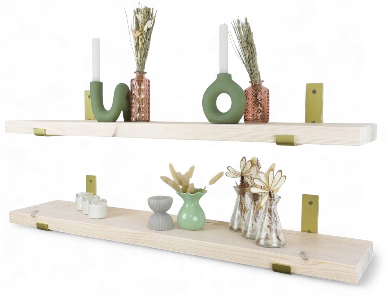 Nástenná biela borovicová polica so zlatými glamour podperami 90 cm x 20 cm