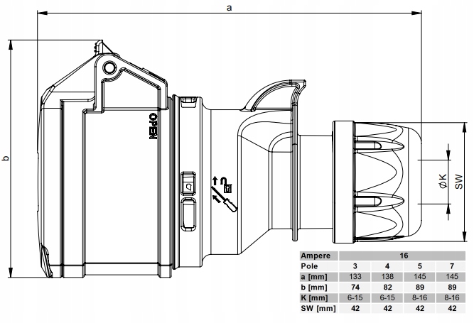 Gniazdo przenośne siłowe GP163 16A 3P 230V 6h IP44 Kod producenta 213-6