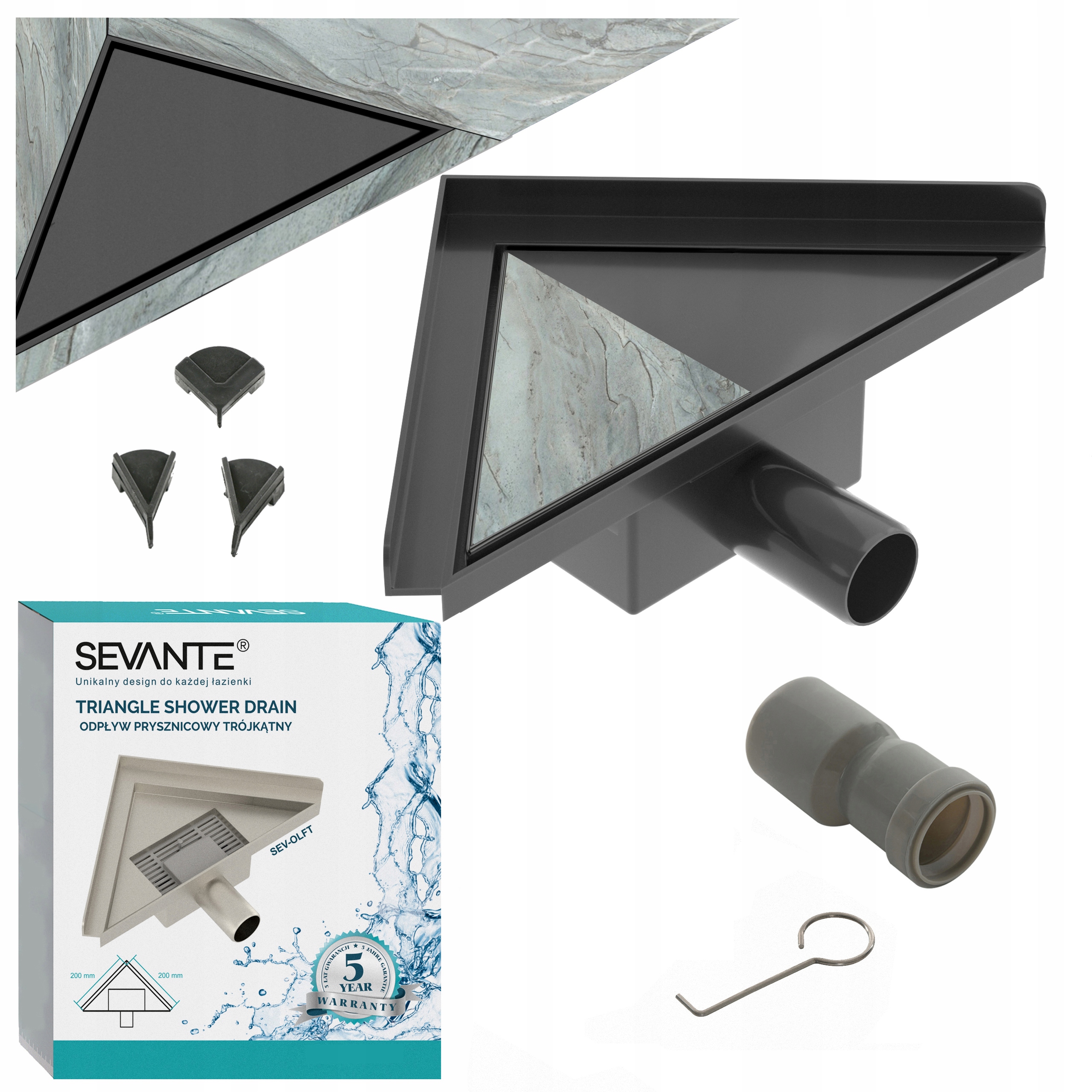 Podlahový odtok 2v1 trojúhelníkový 20 cm Flat rohový černý nerezová ocel 304
