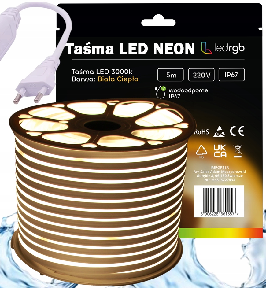 Zestaw Taśma Led Neon 220V 230V 5m 3000K Biała Ciepła Zasilacz IP67 120/m