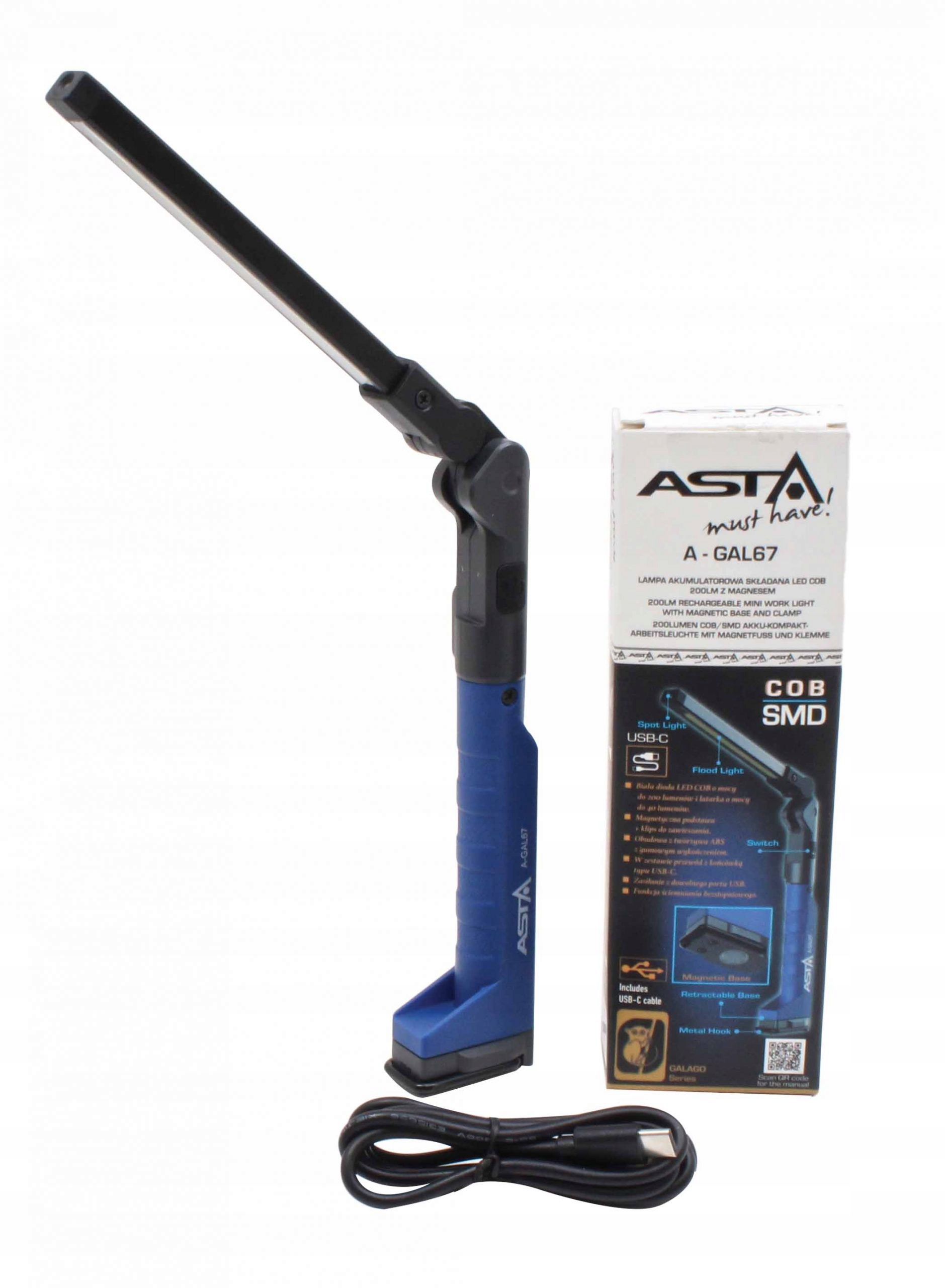 A-GAL67 LAMPA AKUMULATOROWA SKŁADANA LED COB 200LM MAGNES ASTA