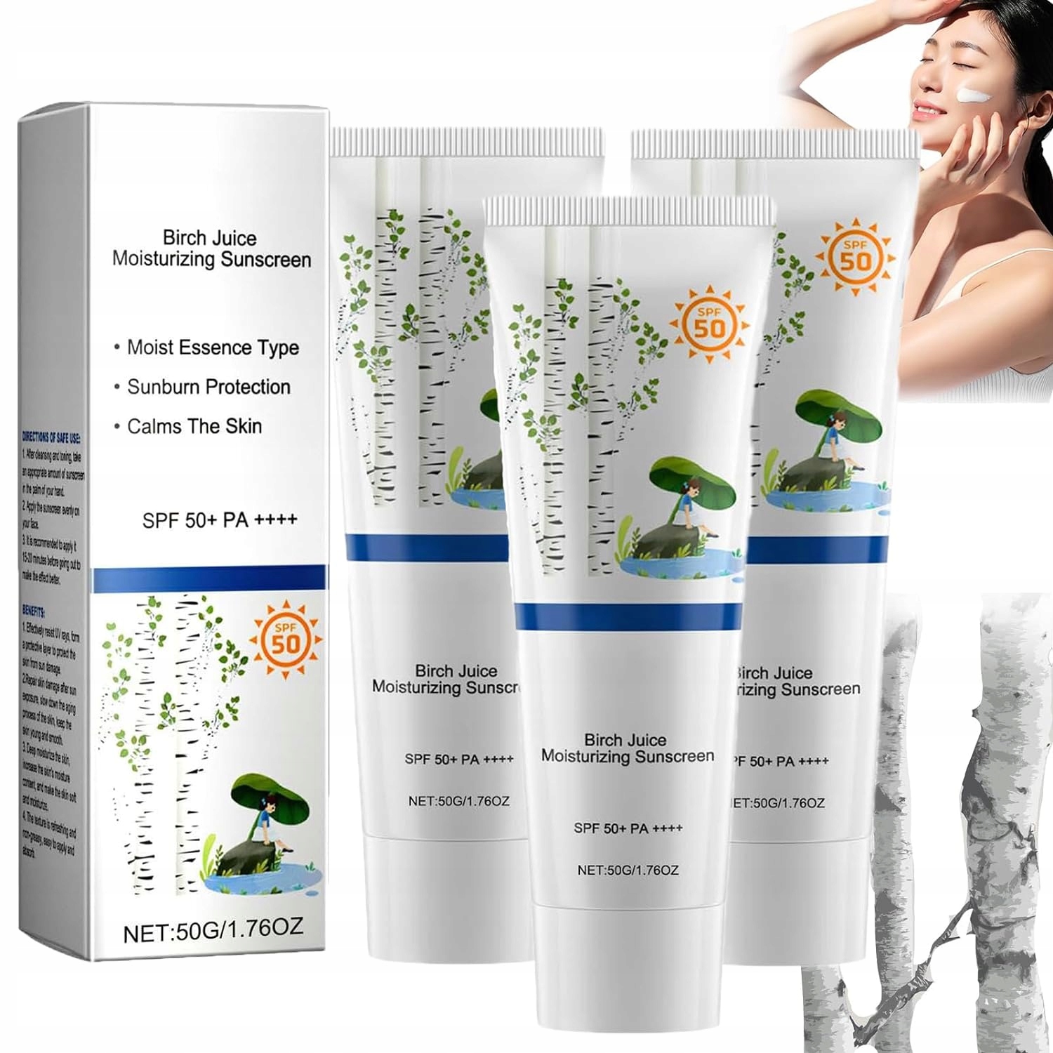 Birch Juice Moisturizing Sunscreen, Korean SPF 50 PA Hydrating Sun